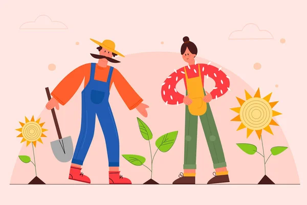 庭師フラットベクトルイラスト。庭にひまわりを植える農家のカップル。牧場で働く男性と女性の漫画キャラクター。農家は植物の世話をしている。園芸の概念. — ストックベクタ
