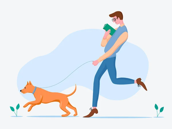 Man walking dog cartoon vector illustration. Mužská postava tráví čas se svým mazlíčkem a čtením knihy. Guy těší čerstvý vzduch se zázvorovým staffordshire teriérem na vodítku v plochém stylu. — Stockový vektor
