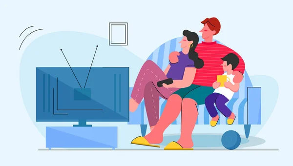 Семья смотрит телевизор вместе плоский вектор иллюстрации — стоковый вектор