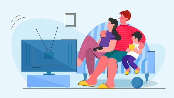 Family watching tv together flat vector illustration