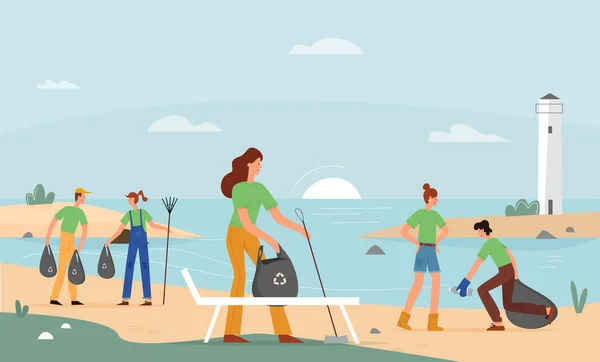 Actividad voluntaria, playa recolección de basura vector ilustración — Archivo Imágenes Vectoriales