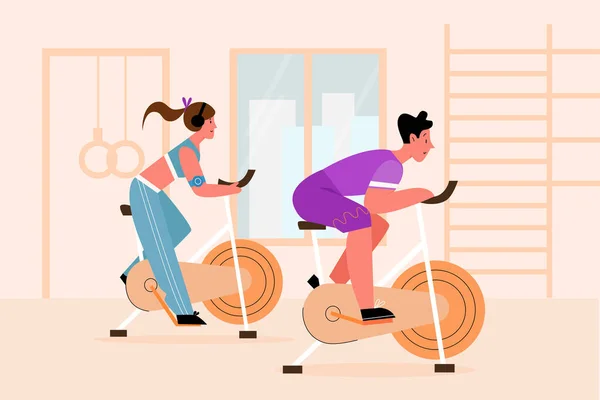 Bicicleta de ejercicio, ilustración de vectores de aparatos de entrenamiento de personas — Vector de stock