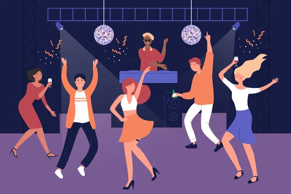 Clube noturno pessoas estudantes discoteca vetor ilustração —  Vetores de Stock