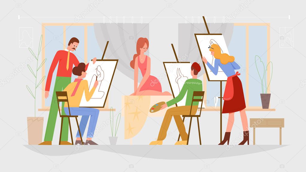 People Art class, drawing lesson vector illustration