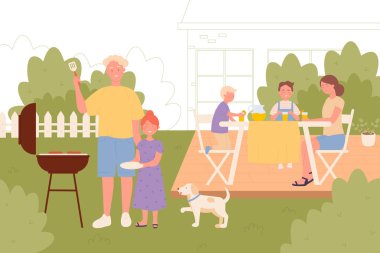 Family on back yard picnic together vector illustration