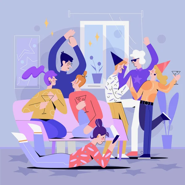 Estudiante feliz fiesta en casa vector ilustración — Vector de stock