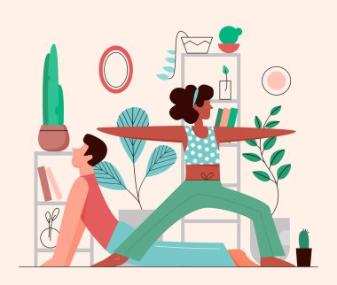 Home young couplr yoga, sport, meditation vector illustration