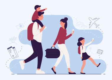 Havaalanı terminal vektör illüstrasyonunda aile