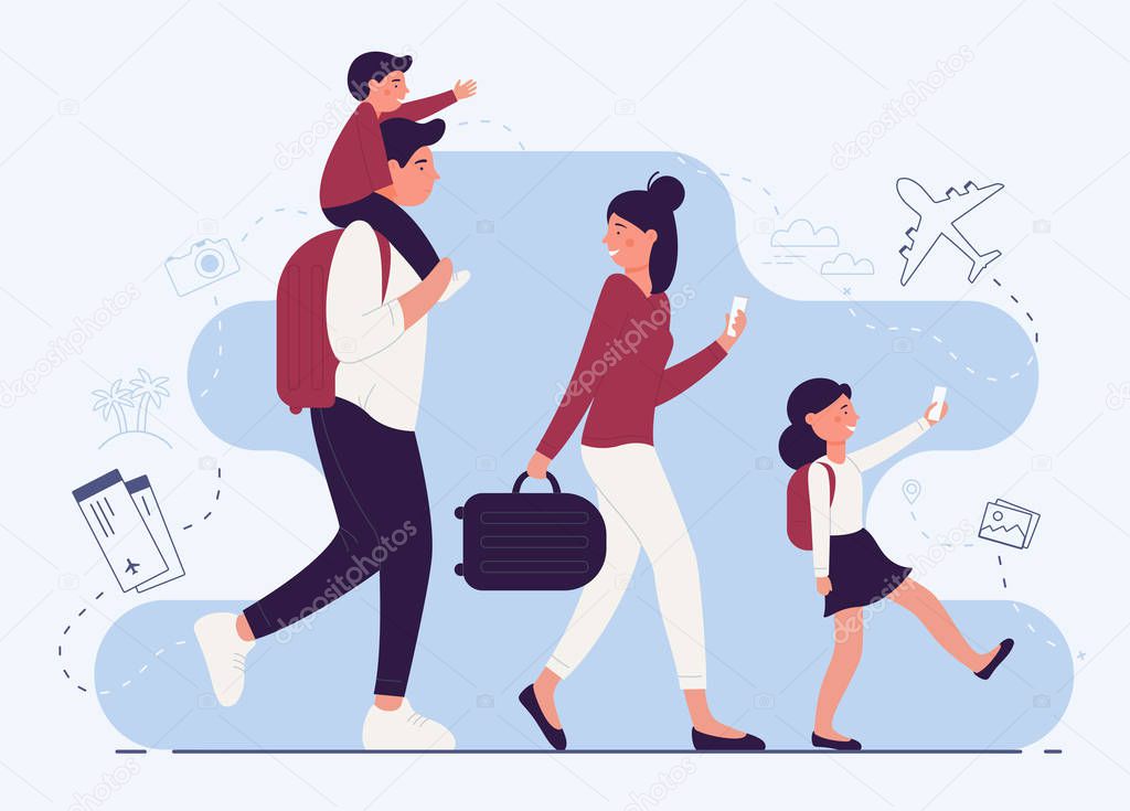 People family in airport terminal vector illustration