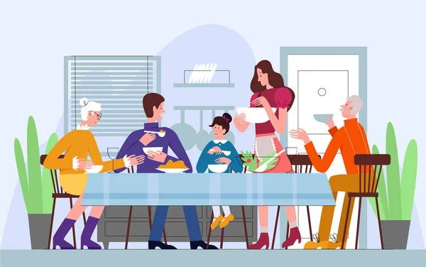 Dîner en famille, illustration vectorielle des repas traditionnelsdîner en famille — Image vectorielle
