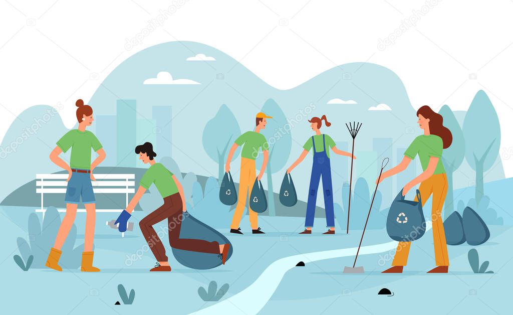 Volunteer activity, city park garbage collection vector illustration