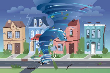 Güçlü bir kasırga küçük kasaba binalarını yok ediyor. Kasırga gibi dönen doğal afet şehre ve arabalara zarar veriyor..