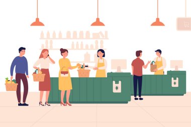 Müşteriler süpermarkette sırada ya da kasiyer kuyruğunda bekliyorlar. Alışveriş vektörü konsepti. Perakende mağazası illüstrasyonunda insanlar kuyruğa giriyor.