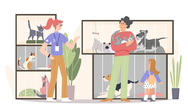 Família adotando gato ilustração vetorial plana. Pai, menina feliz criança e pet shop trabalhador voluntário personagens de desenhos animados. Pessoas em abrigo de animais, pais comprando animais de estimação para crianças ilustração vetorial . — Vetor de Stock