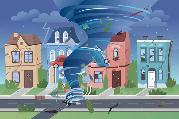 Forte uragano tornado potente distruggendo edifici di piccole città. Disastro naturale vorticoso vortice dannoso città e automobili vettoriale illustrazione . — Vettoriale Stock