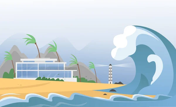 Naturstark katastrof med dimma och tsunamivågor från havet med hus, berg, palmer och fyr. Jordbävning tsunami våg träffar sand strand vektor illustration. — Stock vektor