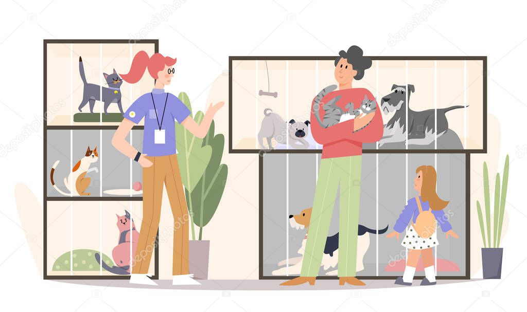 Family adopting cat flat vector illustration. Father, happy girl kid and pet shop worker volunteer cartoon characters. People in animal shelter, parents buying pet for kids vector illustration