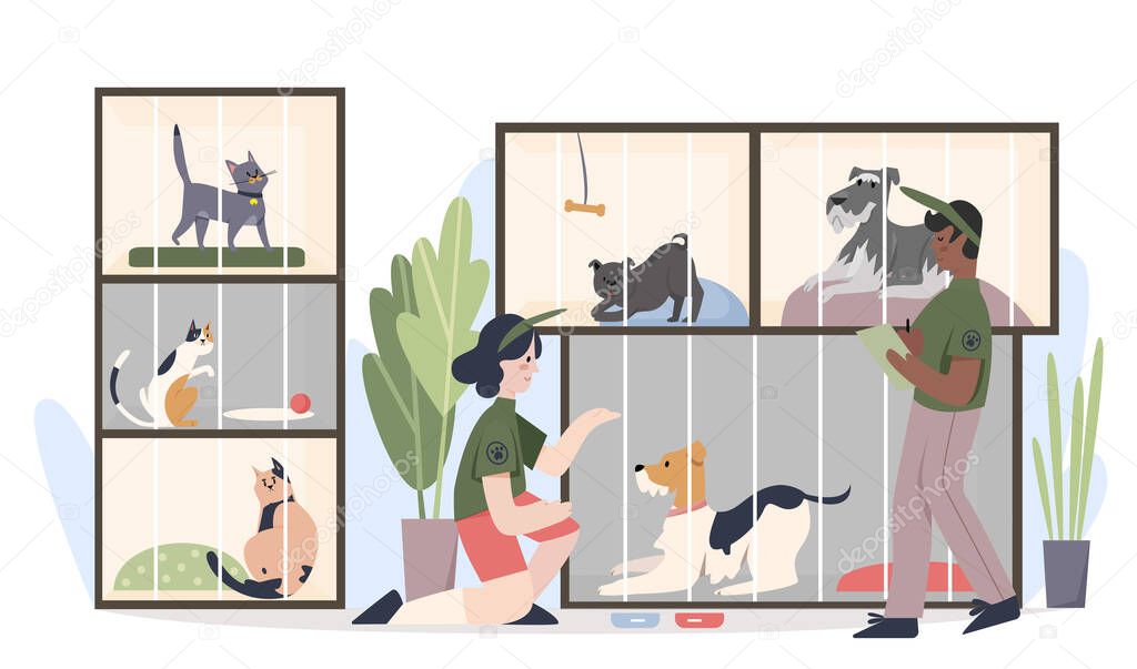 Animal shelter with pets in cages. Man and woman volunteers feeding animals cartoon flat vector illustration.