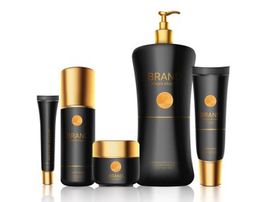 Altın kapaklı şık siyah şişeler gerçekçi vektör bileşimi. Kozmetik için model, parfüm