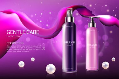 Violet ve pembe kozmetik şişeleri gerçekçi vektör çizimi konsepti