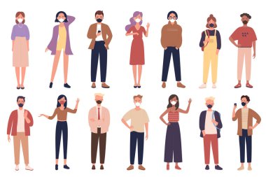 Hastalıktan korunmak için günlük kıyafet giyen vektör insanlar yüz maskesi takıyor.