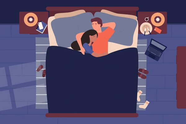 Milenci, mladí lidé spolu spí. Muž a žena pár v posteli v noci v blízkosti okna horní pohled plochý vektor ilustrace. — Stockový vektor