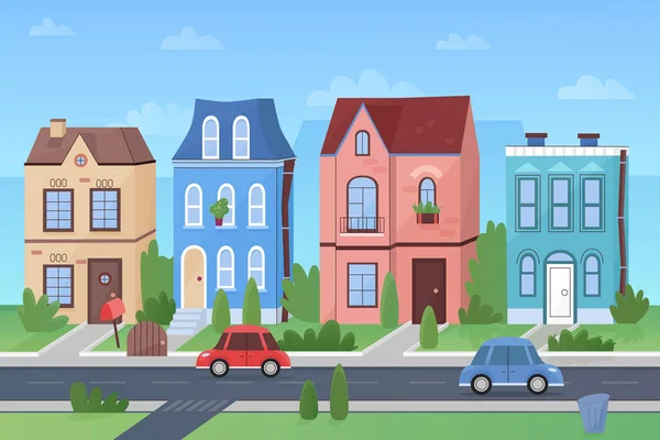 Vector de dibujos animados linda calle de una ciudad colorida con tiendas, coches y árboles . — Vector de stock