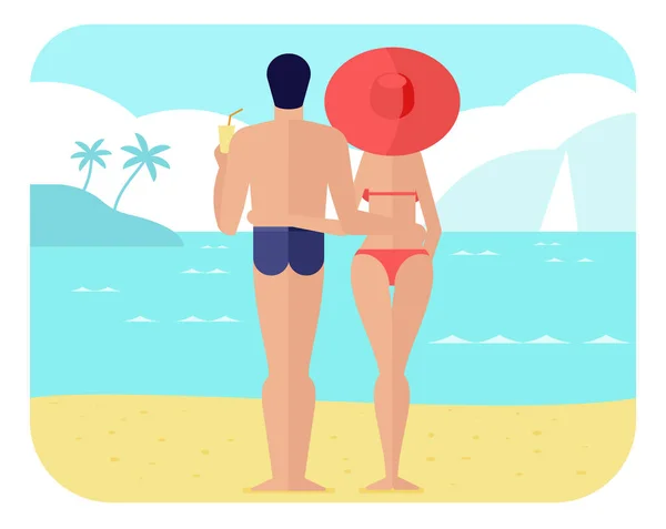 Pareja joven se para en la playa y mira al mar o al océano. Concepto de vacaciones ilustración vectorial plana — Vector de stock