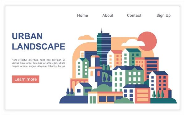 Paisagem urbana simples ilustração vetorial plana página de destino web com menu — Vetor de Stock