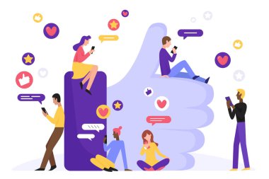 Sosyal medya karakter konsepti düz vektör illüstrasyonunda olduğu gibi. Modern internet ağı topluluğu