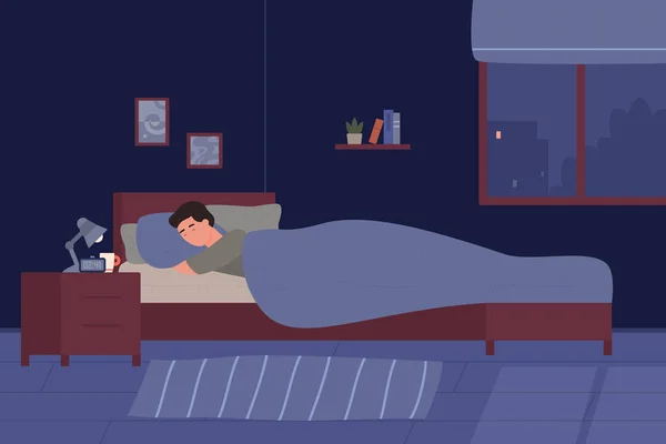 Jongeman slaapt in zijn bed. Cartoon jongen kamer slaapkamer 's nachts — Stockvector