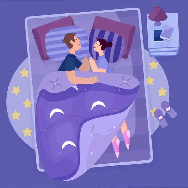 Mladý pár spí na velké posteli v ložnici. Love, family flat vector illustration character concept — Stockový vektor