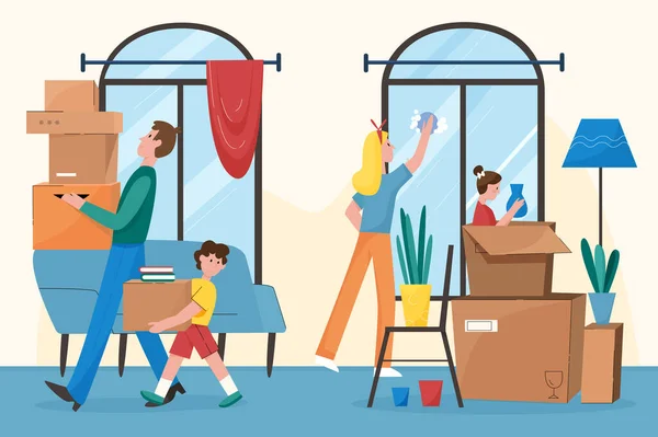 Família feliz movendo-se para novo apartamento conceito de ilustração de vetor de caráter plano —  Vetores de Stock
