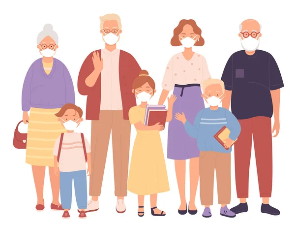 Grande famille dans les masques médicaux protecteurs — Image vectorielle
