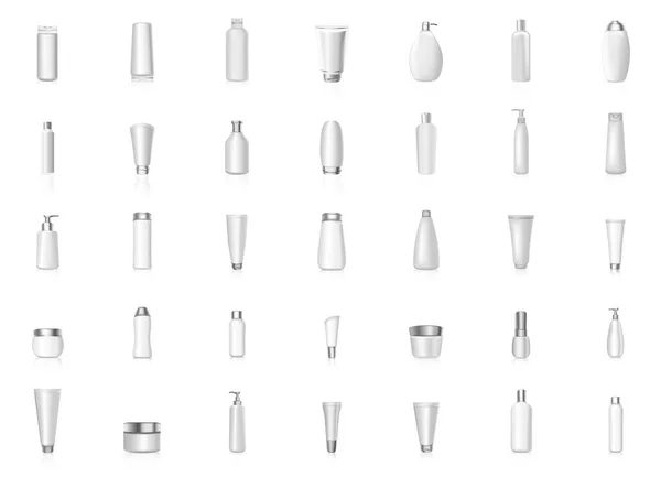 Blanco diferentes formas botellas cosméticas maqueta realista vector ilustración conjunto — Archivo Imágenes Vectoriales