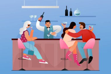 Barın yanındaki barda oturan insanlar barmen düz karakter çizimi konseptiyle