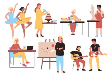 Yaratıcı meslekler ve çalışma karakterleri düz tasarım vektör çizimi