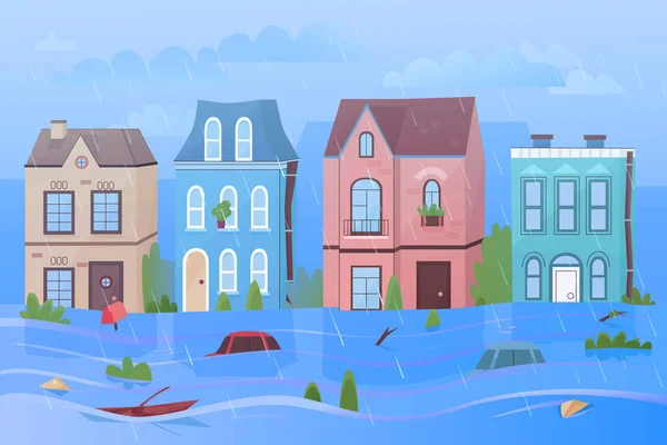 Cidade rua sob chuva e desastre natural inundação cartoon vector ilustração panorama — Vetor de Stock