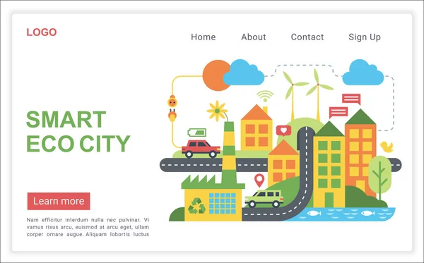 Smart eco city mit hocheffizienter moderner Technologie flacher Vektor Illustration Web Landing Page — Stockvektor