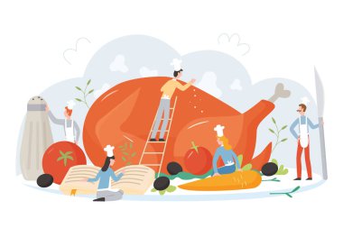 Ekip aşçılık uzmanı dev hindi yassı karakter çizimi konseptini pişiriyor.