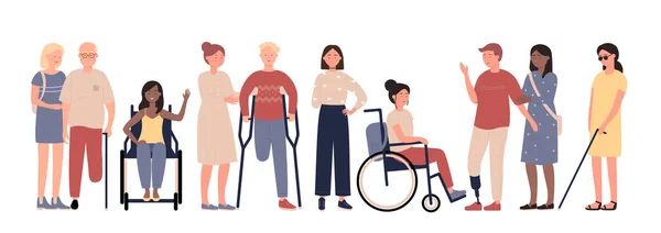 Handicapés multiraciaux avec des amis personnages plat vecteur illustration ensemble — Image vectorielle