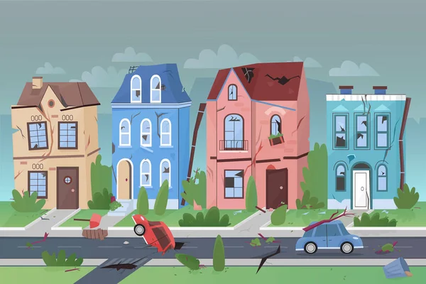 Terremoto disastro naturale nella piccola città piatto cartone animato vettore illustrazione sfondo — Vettoriale Stock