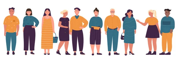 Sobrepeso diferente edad personas de pie carácter plano vector ilustración conjunto — Vector de stock