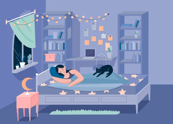 Lieverd slapen meisje en kitten in slaapkamer karakter platte vector illustratie concept — Stockvector