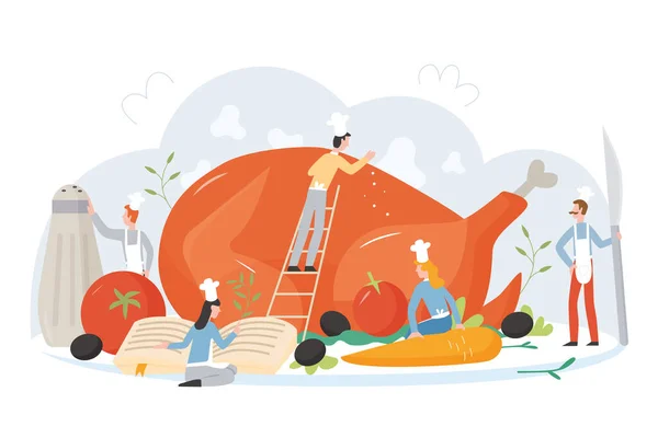 Team culinario specialista cuochi gigante tacchino piatto personaggio vettore illustrazione concetto — Vettoriale Stock