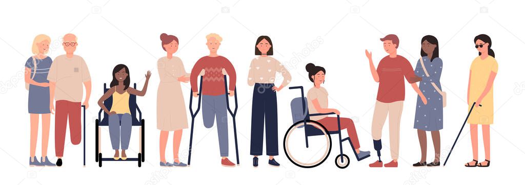 Multiracial disabled people with friends characters flat vector illustration set