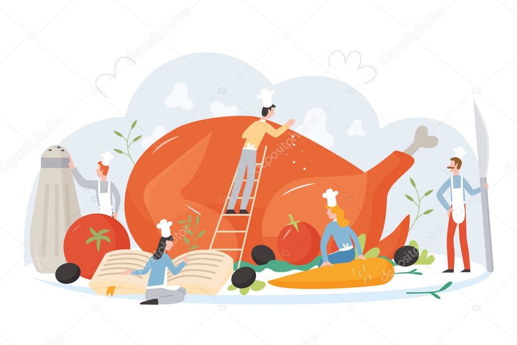 Team culinary specialist cooks giant turkey flat character vector illustration concept