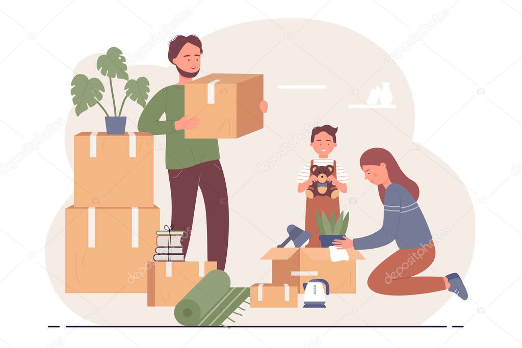 Happy family relocates to new apartment character flat vector illustration concept