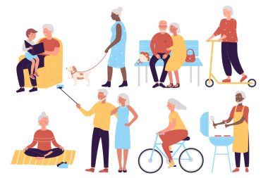 Çok ırklı eski aktif sosyal insanlar karakter düz vektör çizimi