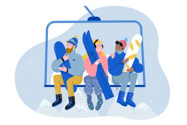 Kayak ve snowboard yapan insanlar, kış tatili konseptini canlandırmak için düz karakter çizelgesine tırmanıyorlar.